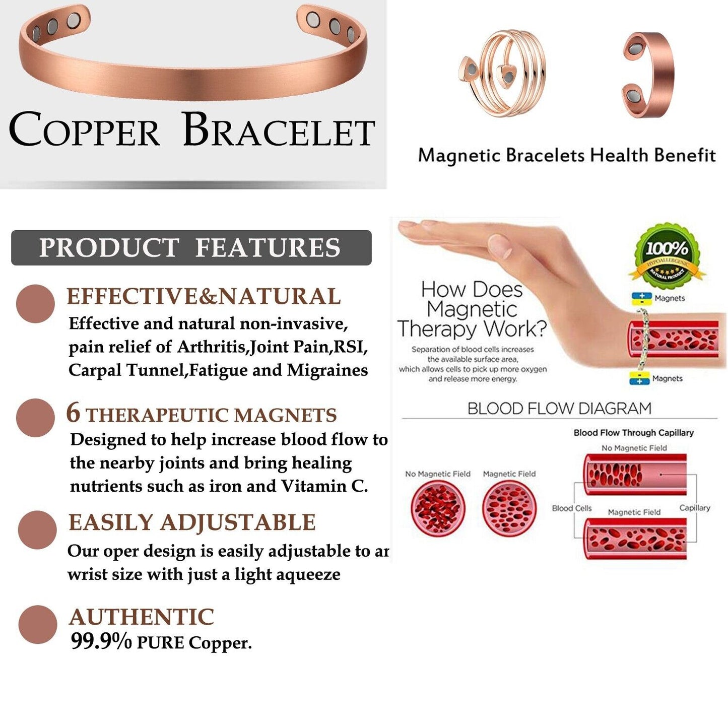 Pure Solid Copper 99.9% Bracelet Bangle 10 Powerful Magnets Size Large Gift Box